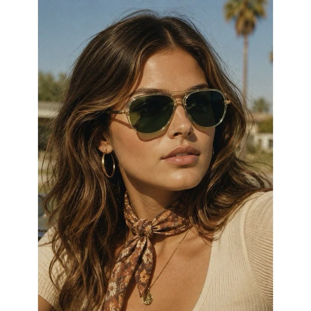 Women’s Vintage Style Green Aviator Sunglasses Gold Metal Frame Retro 70s UV400